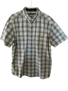 KUHL Men's XL Plaid Short-Sleeve Button Up Shirt Green White Hiking Linen Cotton